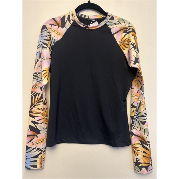 Billabong woman's Swim shirt, small,‎ black floral NWT UPF 50 Long sleeve - Picture 1 of 8